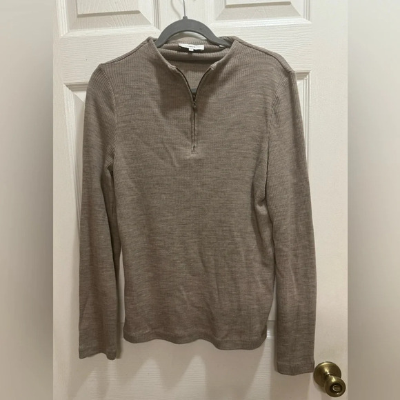 Vince Ribbed Half Zip Sweater Long Sleeve Tan Wool Blend Cozy Layering Size XL - Picture 1 of 9